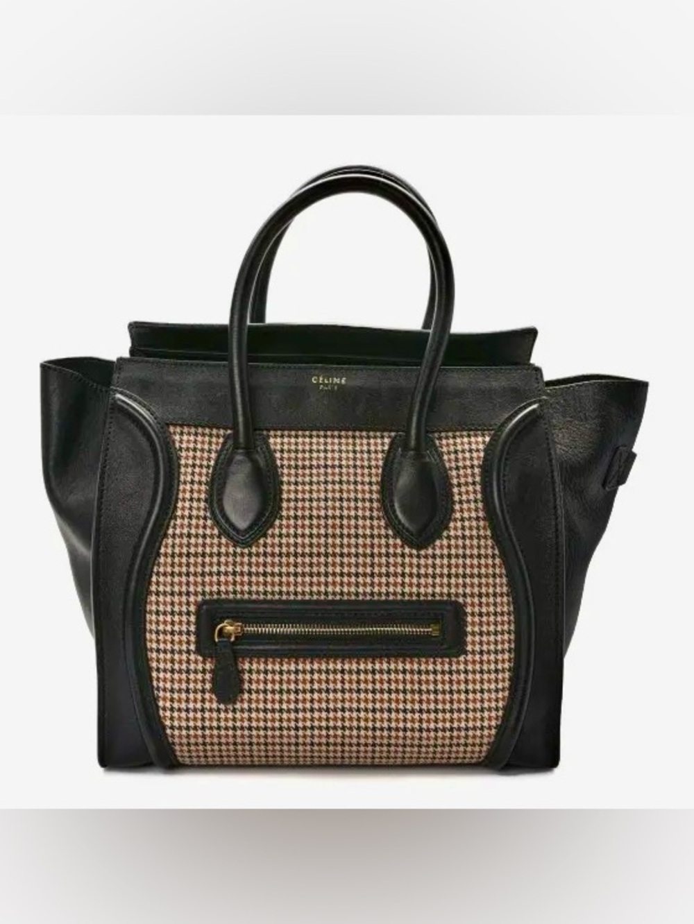 Celine Black Leather & Brown Houndstooth Mini Luggage Tote